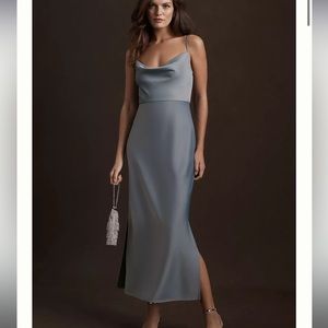 BHLDN Cali Satin Charmeuse Midi Dress in Dusty Blue